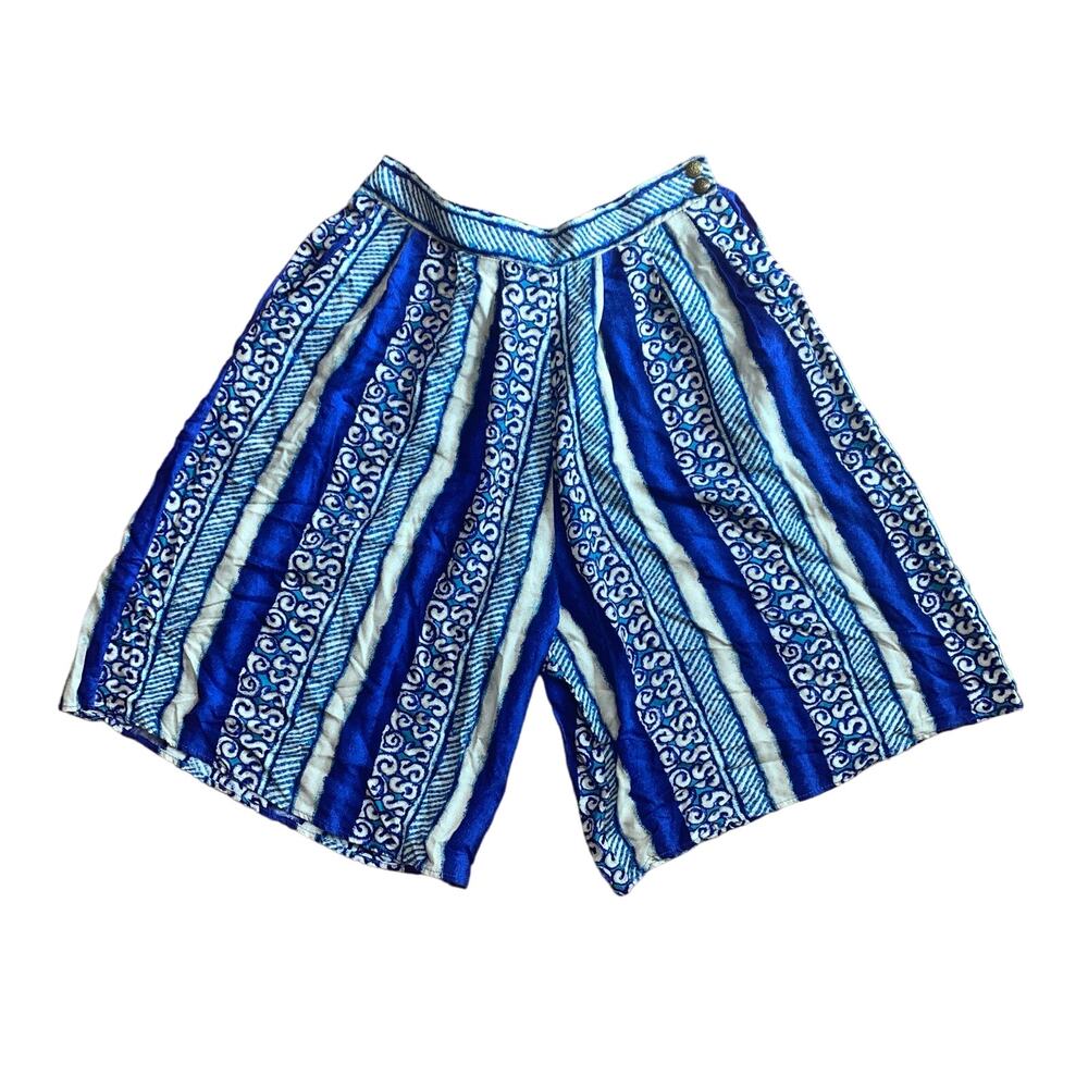 Kathie Lee VINTAGE blue cream scroll pattern high waist wide‎ leg shorts Size 10